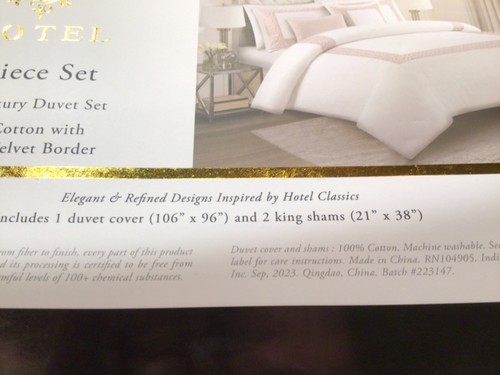 Hotel Collection King Duvet & Shams 3 PC Pink Fringed Velvet Border embroidered - Picture 4 of 9