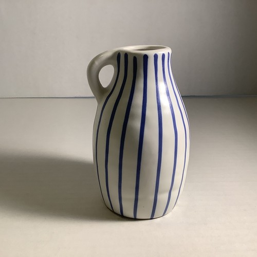 IKEA Small Ceramic Bud Vase Handled Jug Cobalt Blue & White Stripes Swedish Boho - Picture 2 of 18