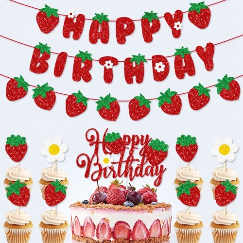 Glitter Happy Birthday Banner, Cake Topper,Girls Strawberry Party Decor Supplies