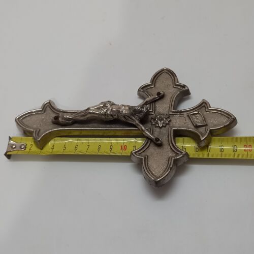 Enorme Crocifisso Antico Religioso Croce Metallo Fisso su Porta Colore Argento Bello Vecchio - Foto 18 di 24