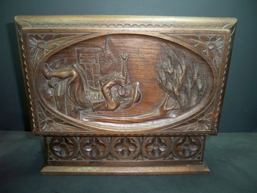 Antique Vintage Carved Wooden Box Man Playing Flute or Horn Signed E. Bayon - Picture 6 of 12