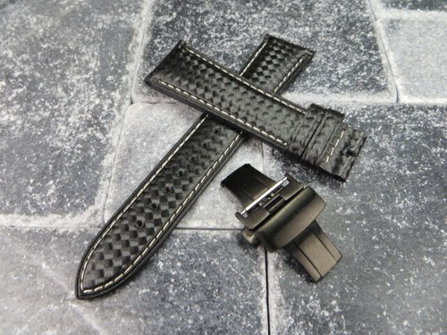 23mm Carbon Fiber Leather Strap PVD Folding Buckle Watch Band Set LONGINES x1 - Picture 10 of 14