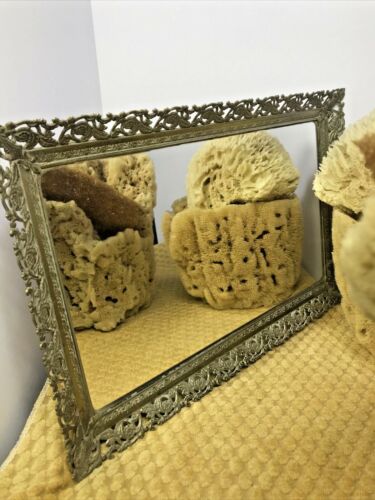Vtg Hollywood Regency Ornate Floral Mirrored Vanity Tray Dresser Perfume Tray - Picture 7 of 12
