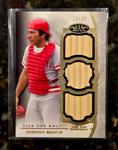 2013 Topps Tier One Johnny Bench Triple Bat Relic SP /25 Reds Legend - Afbeelding 1 van 3