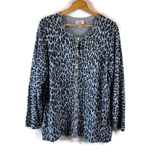 Quacker Factory Womens Cardigan Sweater Size 1X Blue Leopard Rhinestone Beaded