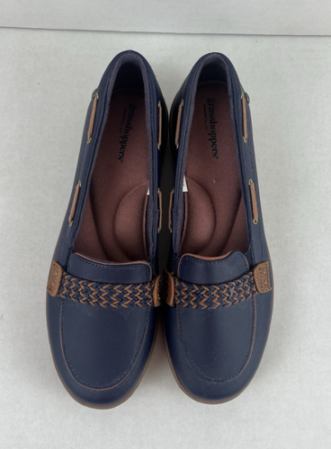 Grasshoppers Womens Windsor Leather Slip On Boat Shoes Navy 8 W - Picture 2 of 8