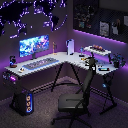L-Form Gaming Schreibtisch 147x120cm – Schwarz/Weiß mit Monitorablage - Bild 5 von 6