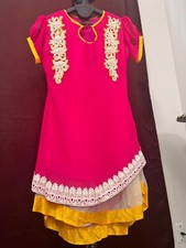 Pink Kurta with White Pearl Embroidery Yellow Accent - Size 38