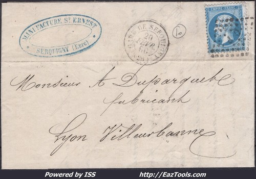 FRANKREICH NR. 22 AUF BRIEF MIT AMB CP + CAD BAHNHOF SERQUIGNY VOM 20.02.1866