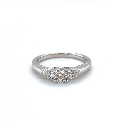 1 Ct Round Pear Cut Simulated Trilogy Engagement Ring In 14K White Gold Plated - Picture 8 of 11