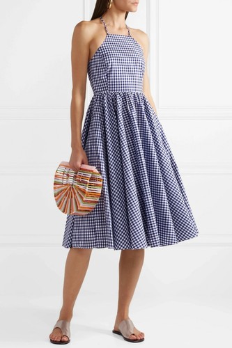 $495 NEW Caroline Constas GRETTA Gingham Halter Dress Navy Blue White XS S - Picture 2 of 12