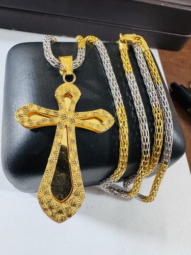 22CT 22K 916 Fine Real Yellow Gold Snake Cross Necklace 21.5”/22” long 3mm 14.8g - Picture 1 of 24