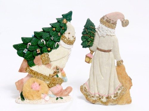 Christmas Pair Santas Cream Coat Pink Accent Carrying Trees Bag Toys Resin As Is - Picture 2 of 3