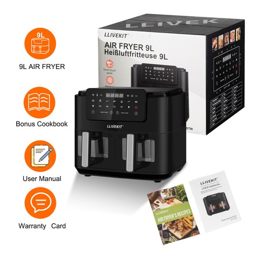 9L Heißluftfritteuse mit 2 Schubladen Heissluftfriteuse ohne Öl Air Fryer 2400W - Bild 9 von 11