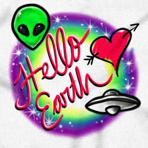 Airbrushed Alien UFO Hello Earth Love Heart Long Sleeve T Shirt Tees For Women - Picture 2 of 7