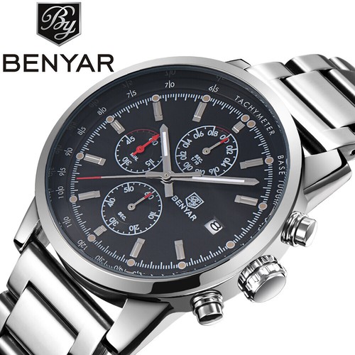 BENYAR Kalender Edelstahl Armband schwarz/grau Herren Business Quarz Armbanduhr - Bild 7 von 15