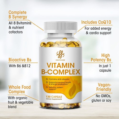 120pcs Vitamin B Complex Capsules B1,B2,B3,B5,B6,B7,B9,B12, Immune Support Pills - Picture 2 of 13