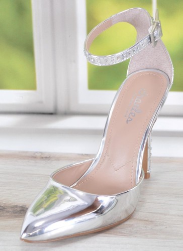 Charles David POISON Rhinestone Studded Ankle Strap Heels Shoes Size 5.5 SILVER - Picture 1 of 9