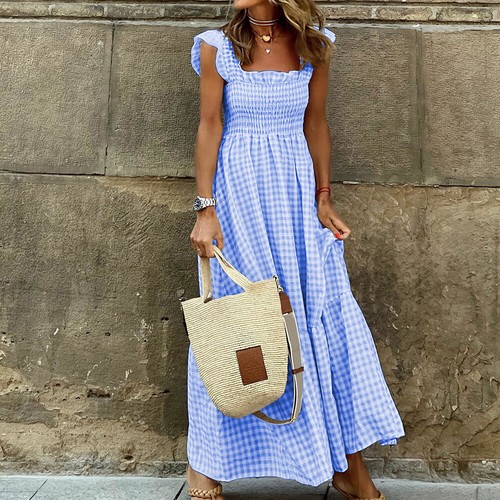 Damen Kariert Ärmellos Maxikleid Freizeitkleid A-Linie Sommerkleid Urlaubkleid - Bild 25 von 26