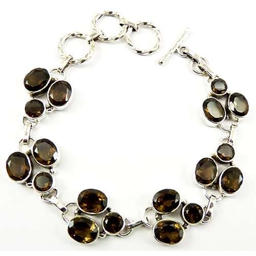 Oval Smoky Quartz Stone 925 Solid Silver Handmade Chain Mother Bezel Bracelet - Picture 4 of 6