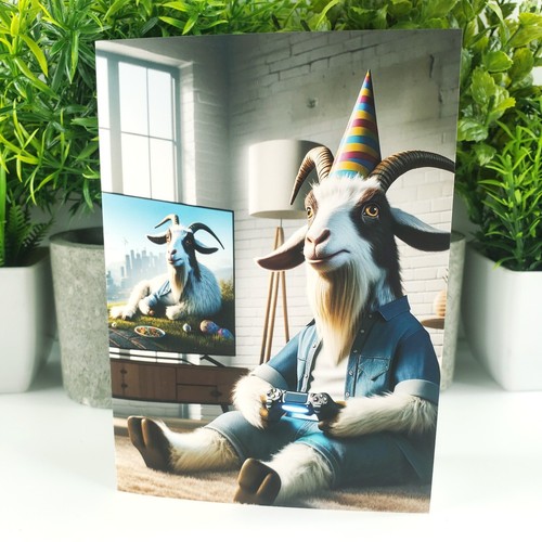 Video Gamer Goat Birthday Card | Bleats Treats & Gaming Feats | Funny Game Play - Picture 1 of 4