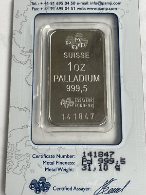 1 oz. Palladium Bar - PAMP Suisse - Fortuna - 999.5 Fine in Sealed Certif  Assay