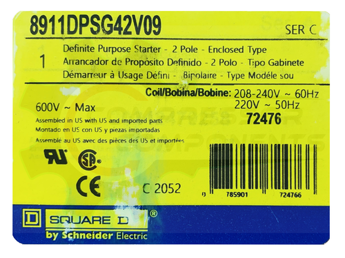 SQUARE D 8911DPSG42V09 MAGNETIC MOTOR STARTER 7.5 HP 1-PH 230VAC 40A W/Overload - Picture 7 of 10