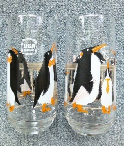2 RARE VTG USA GASOLINE Station Tuxedo Martini PENGUIN DRINKING GLASSES 5.75" h - Picture 2 of 12