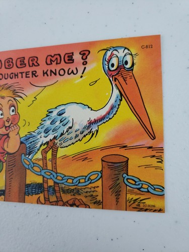 Curt Teich Comic Leinen Postkarte "Member Me? Storchenbaby 1952 C-812 CHICAGO  - Bild 2 von 7
