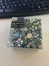 Large Box of Glue On Gems All Sizes w/Case - Blues Greens
