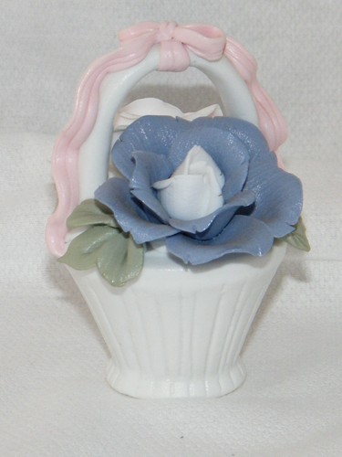 Small White Porcelain Basket w/ Purple & White Flowers & Pink Ribbon on Handle - Picture 3 of 12