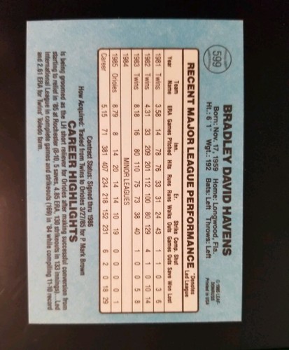 1986 Donruss Baltimore Orioles Baseball Card #599 Brad Havens - Picture 2 of 2