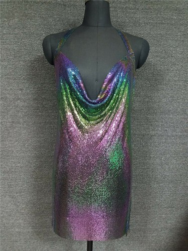 Mujeres Sexy Vestido Halter Cuello en V Sin Espalda Malla Metálica Noche Fiesta Hendidura - Imagen 24 de 30