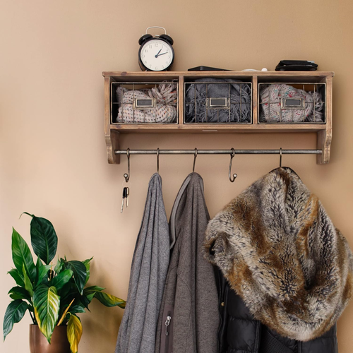 Wall Mounted Shelf with Coat Hooks and Baskets, Solid Wood Entryway Organizer Wa - Picture 3 of 12