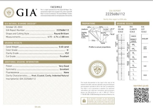 GIA Certificate 0.40ct H Color VS2 Round Brilliant  Excellent Cut Loose Diamond - Picture 1 of 2