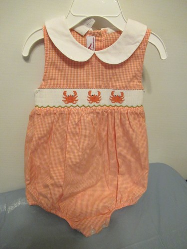P56 Girls size 18 Months Orange White Check Silly goose Hand Smocked Snap Crotch