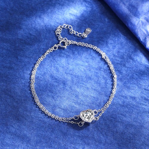 Pulseras de plata 925 con corazón de piedra de nacimiento para mujer simples ajustables de doble hilo - Imagen 4 de 7