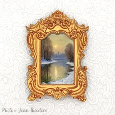 Sunset on Winter Stream, Trees Mini Art Print in Gold Vintage Style Ornate Frame