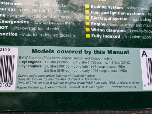 BMW 3 -Series E36 (Petrol) 1991-1996 Haynes Workshop Manual - Picture 9 of 9