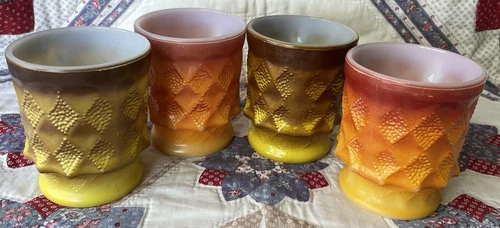 Fire King Mugs Kimberley Diamond Ombré Orange/Red & Yellow/Green Set of 4