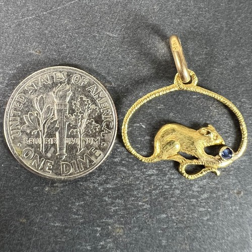 Vintage Mouse Blue Sapphire 18K Yellow Gold Charm Pendant - Picture 10 of 14