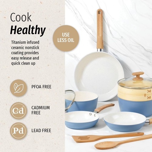 10-Piece Healthy Ceramic Titanium-Infused Cookware Set, Light Blue – Pots, Pa... - Picture 6 of 6