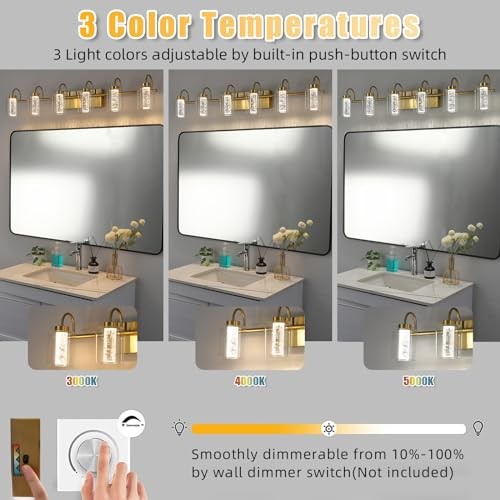 Brushed Gold Vanity Light Fixture With Crystal Bubble Glass, Dimmable 5 Light - Picture 4 of 7