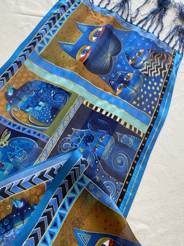 LAUREL BURCH rectangle Blue Silk Women’s Scarf Cat Print 52"/11" Ex Con - Picture 4 of 6