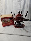 Vtg Set WINDSWEP FONDUE RED & BLACK 70s, wooden handle stand, Kitchen Utensils 