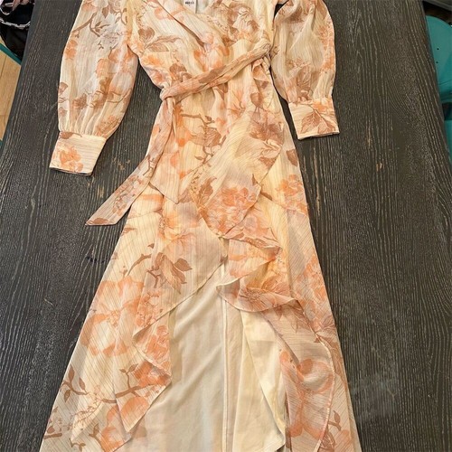 Damen Blumen V-Ausschnitt Wickel Midi Kleid Langarm Rüschen Bindeband Mehrfarbig Einheitsgröße - Bild 5 von 6