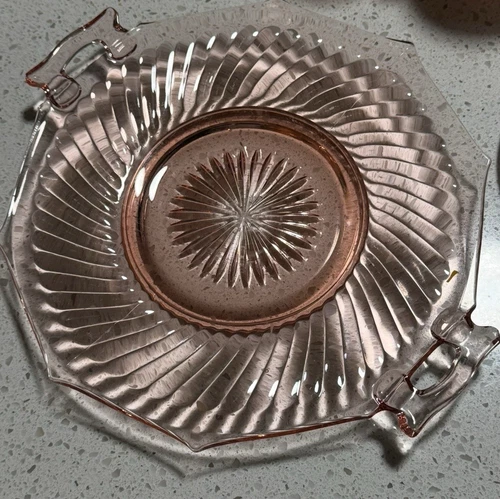 Vintage Imperial Glass Twisted Optic Pink Depression Glass Cake Plate Handles