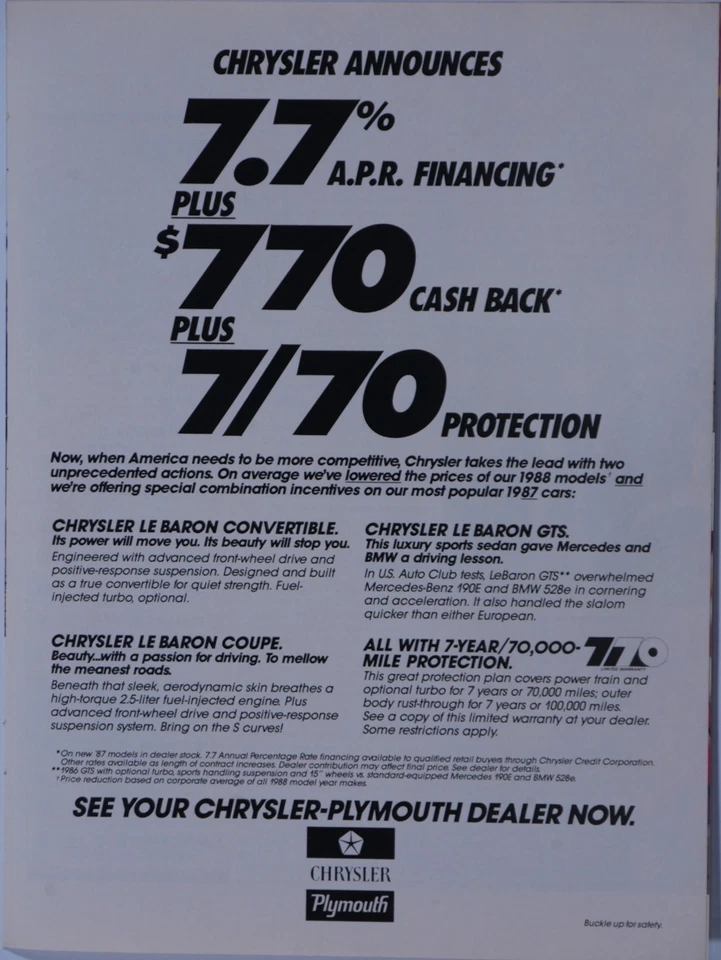 1987 Chrysler LeBaron GTS Coupe Convertible Vintage Original Print Ad 2 Page - Image 3 of 3