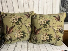 Vintage Tapestry Throw Pillow Butterflies Blossoms 20 X 20in Square Light Green