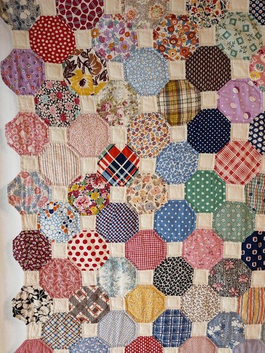 Vintage Antique Quilt 1930s USA Multicolor Octagon Patchwork 206×183cm - Picture 2 of 19